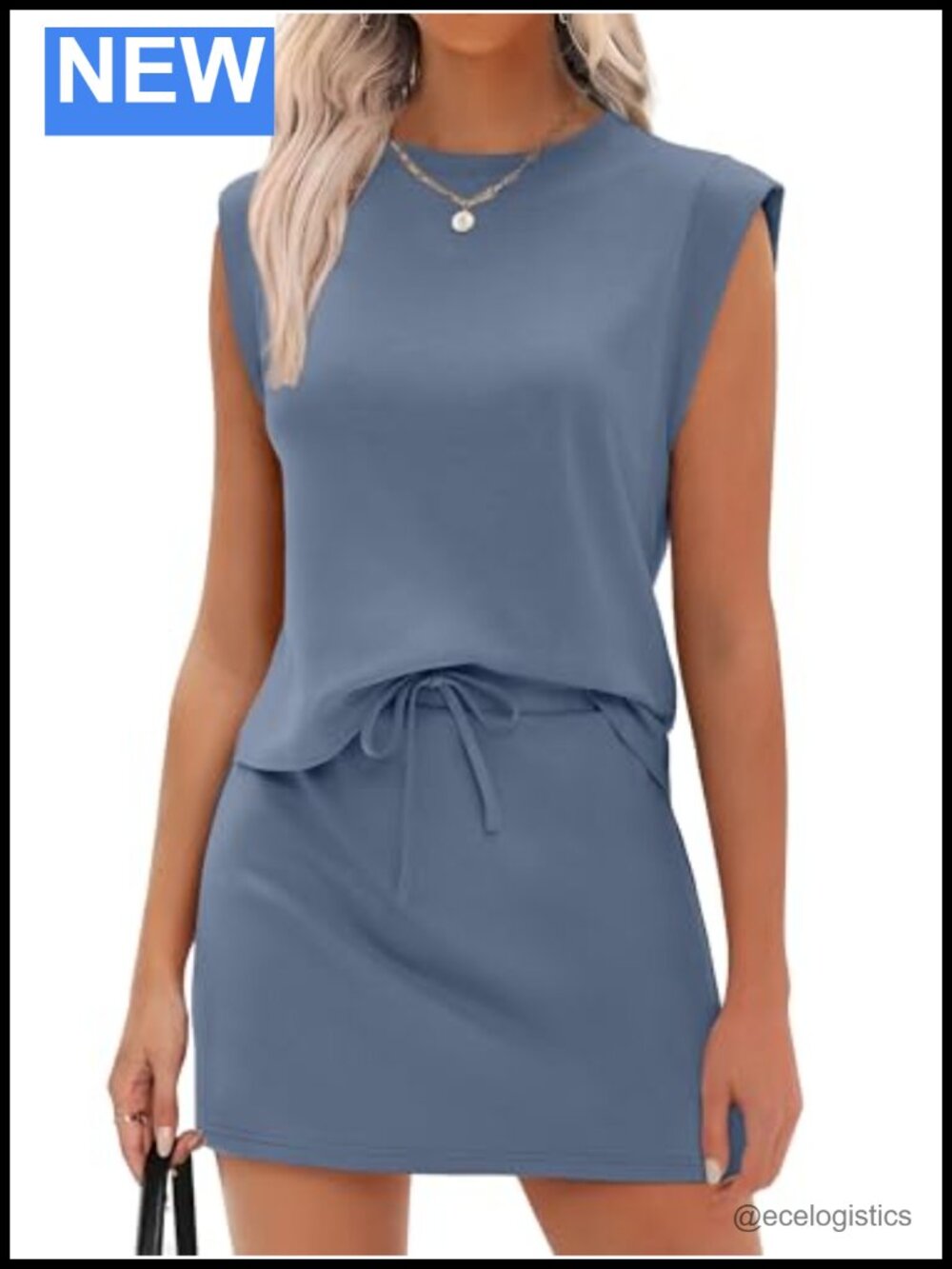 2 Piece Skirt Set Cap Sleeve Top Drawstring Waist Skort Summer Casual Knit